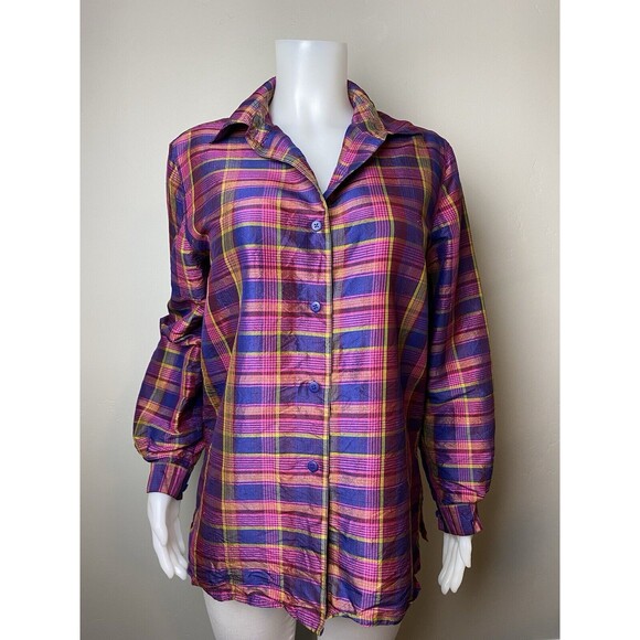 N91. Silk Lore Silk Shirt M Plaid Multicolor Blouse Long Sleeve Collared Button - Picture 5 of 8